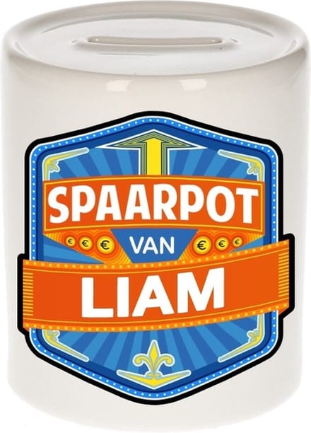 Bellatio Decorations Kinder spaarpot met naam - Liam - keramiek - met dop - wit - Sparen - Spaargeld van Liam