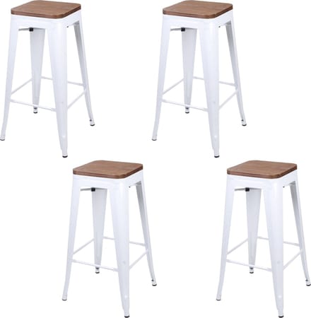 SET X 4 BARKRUKKEN IN MAT WIT METAAL MET HOUTEN ZITTING 42,5X42,5X77CM