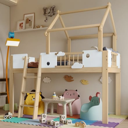 REDOM Hoogslaper – 90x200 cm – Met dakdesign & ladder – Massief hout & MDF – Wit & Naturel