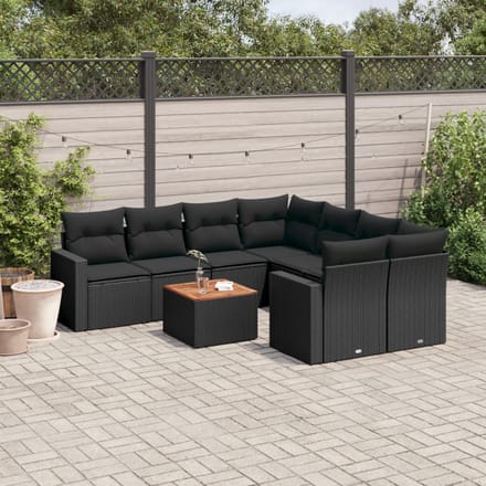 vidaXL - 9-delige - Loungeset - met - kussens - poly - rattan - zwart