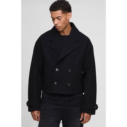 Dubbelgebreide Afgekorte Melton Overcoat | Black | Size Medium