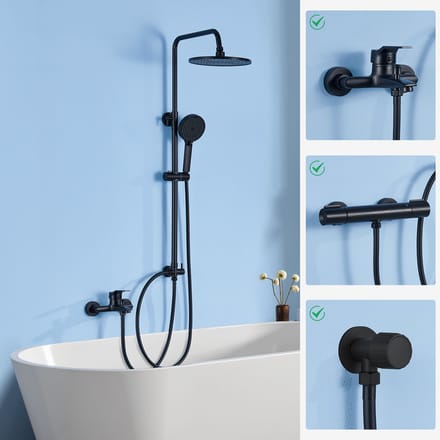 Auralum Max Luxe Regendoucheset - Douchesysteem met Messing Omstelkraan - Mat Zwart - Ø 25 cm Rond - Multifunctionele Handdouche