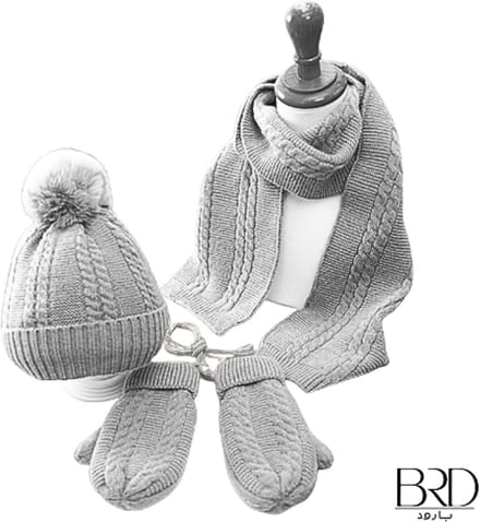 BRD® 3-Delige Winterset Kind Grijs - Muts met Pompon Sjaal & Wanten met koord