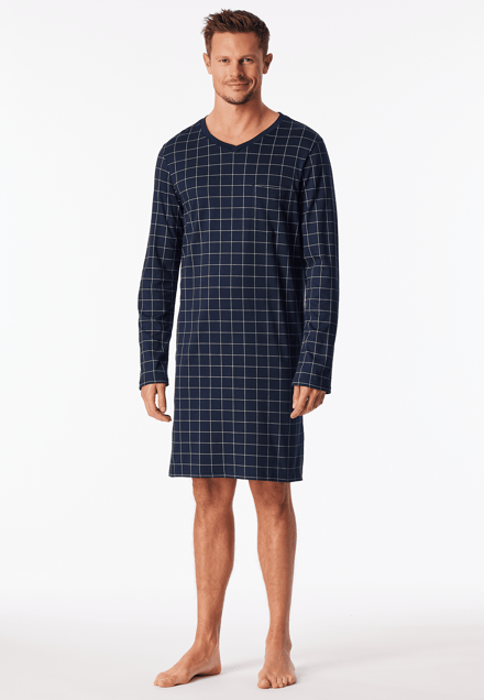 Nachthemd met lange mouwen, interlock, donkerblauw geruit - Fine Interlock 58