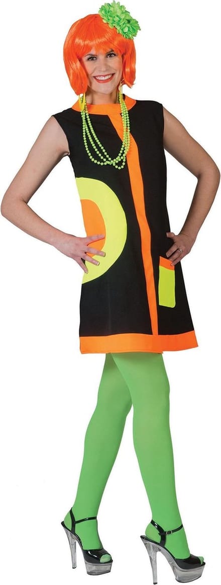 Zwart & Fluo Sixties Jurkje | Vrouw | Maat 36-38 | Carnaval kostuum | Verkleedkleding
