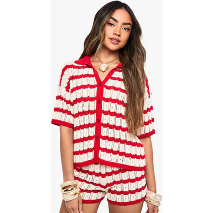 boohoo Dames Gehaakte Gestreepte Blouse Met Kraag En Korte Broek Set | Red | Maat: Medium