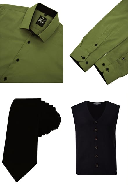 Driedelig pak met overhemd, vest en stropdas