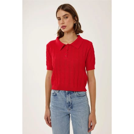 Shirtkraag Gebreide Top met Haar Vlecht Patroon