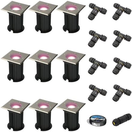 Set van 9 Ramsay Smart Grondspots buiten - Vierkant - 5,5W 400lm - RGBWW - Wifi + Bluetooth - Bestuurbaar via app - IP67 - Google Home - Amazon Alexa - RVS - Inclusief installatiemateriaal (Kabel & connector)