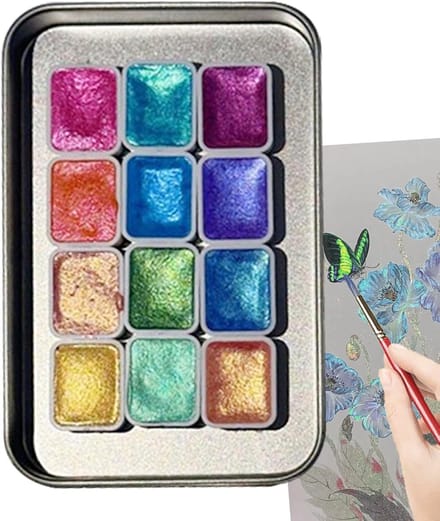 Glitter Aquarelverf - Tekenset Schilderen - Creatieve Expressie - 12 Levendige Kleuren - Compact Formaat - Kleurrijk