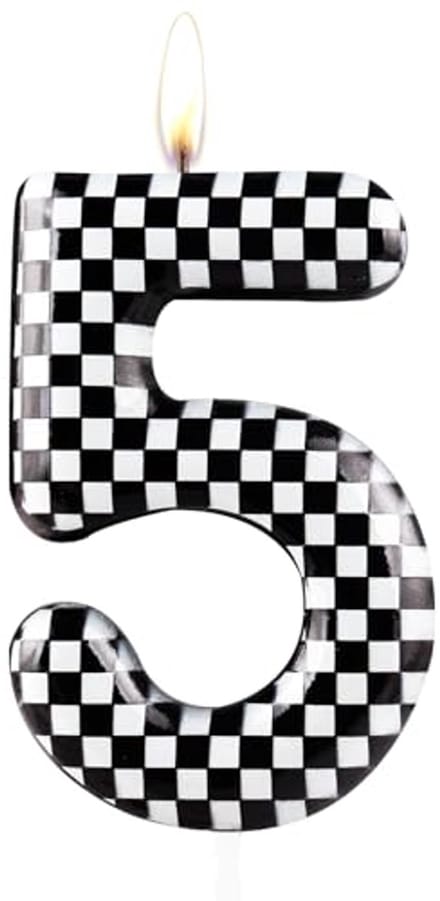 Raceauto Verjaardagskaars voor 5e Verjaardag - Metallic Zwart Wit Geruit Cake Kaars