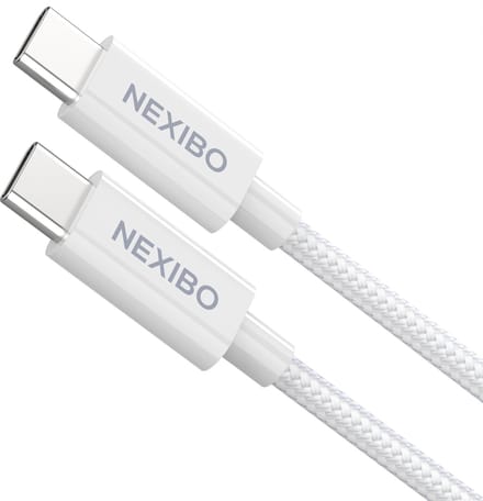 Nexibo USB C naar USB C Kabel 100W 5A - USB 3.0 - Snellader - Oplaadkabel - Gevlochten Nylon - Wit - 2 Meter