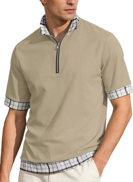 Casual Heren Polo - Ruiten Kraag - Beige - Rits