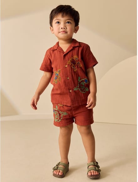 Next - Jongens - Set van overhemd met korte mouwen en shorts - Bruin