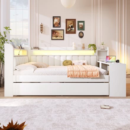 Gestoffeerd bed 140x200 - dagbed met uitschuifbed - wit bed met ledverlichting - USB-aansluiting, bureau en planken voor slaapkamer