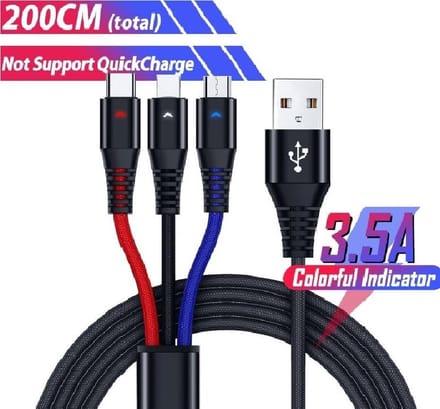 DrPhone MCL01- 3 IN 1 USB - Micro - Type C – Lightning – LED Display – Rood – Zwart – Blauw – 2 Meter