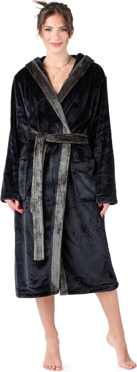 Bellivalini Dames Badjas met Capuchon - Wasmachine bestendig - Polyester - Zwart - S - BLV-BLV50-168-DG