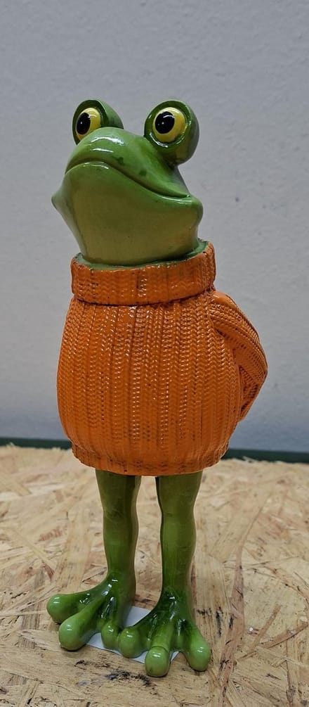 Karakter Kikker "Oranje Trui" – Beeld - 20cm hoog - polyresin - polystone - Decoratie - Woonaccessoires - Beeld