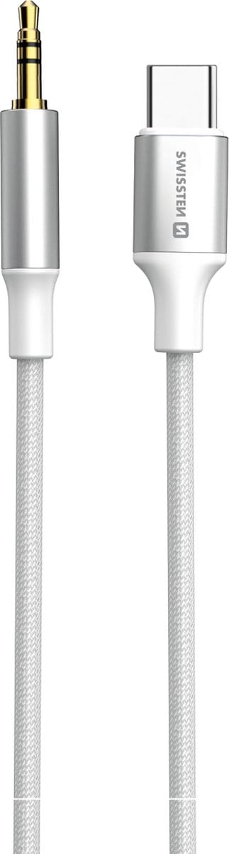 Swissten 73502310 3.5mm Jack naar USB-C Audio Kabel – AUX Adapter – Gevlochten/Textile – 1.5 Meter – Wit