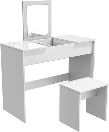 Makeuptafel met Kruk en Inklapbare Spiegel - Wit 2-in-1 Design