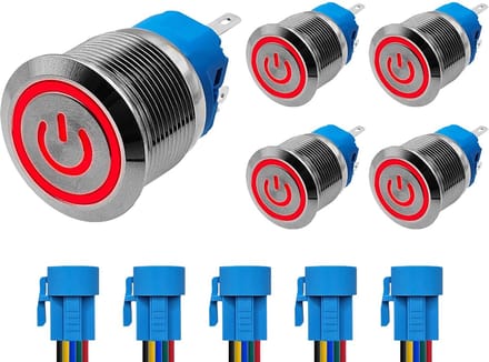 ProRide Drukschakelaar ON-OFF 220V - 22mm Metaal - Waterdicht - LED Rood - Met Kabels - 5 stuks