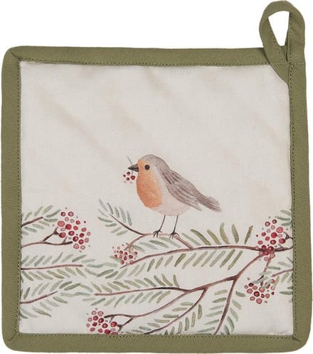 Clayre & Eef Pannenlap 20x20 cm Beige Groen Katoen Vogel