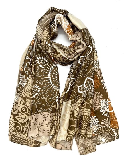 Lange dames sjaal Elise gebloemd motief beige wit bruin licht chocolade tanny