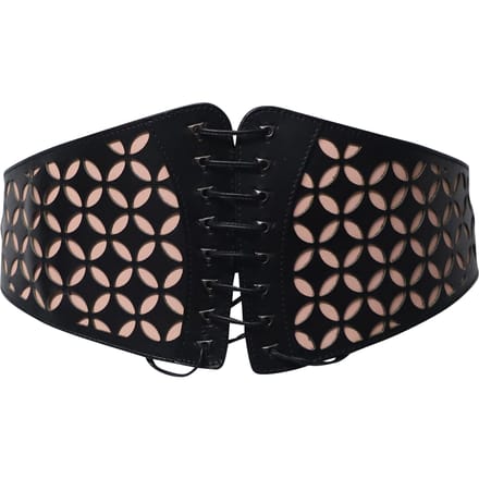Alaia Laser-Cut Tailleband met Busy Accent in Zwart Leer