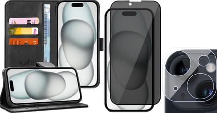 Hoesje geschikt voor iPhone 15 Plus - Privacy Screenprotector FullGuard & Camera Lens Screen Protector - Book Case Kunstleer Pasjeshouder Zwart