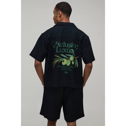 Oversized Linnen Blend Shirt & Short Set Met Rugprint | Black | Size Large