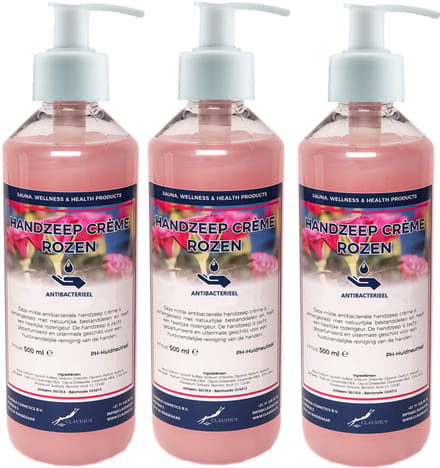 Handzeep Crème Rozen 500 ml - set van 3 stuks - met gratis pomp - Voordeelverpakking