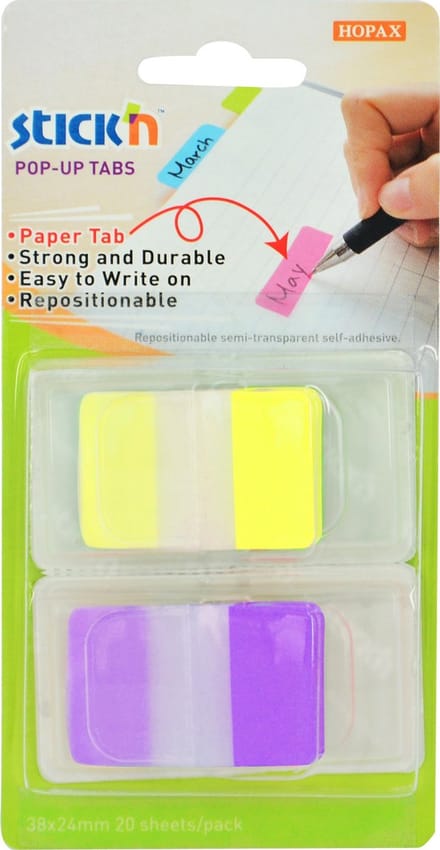 Stick'n Papieren beschrijfbare, extra stevige - sticky index tabs 38x24mm, 2x10 tabs in houder