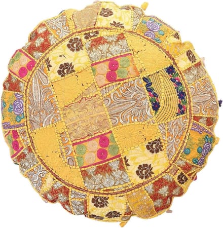 Vloerkussen Rond - Poef Kussen Zitzak - Woondecoratie - Handgemaakt Patchwork - 104 cm - Geel