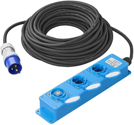 ProPlus CEE 3-weg Stekkerdoos - 20 Meter - 3 Stopcontacten - Verlengsnoer - Verlengkabel - 2xSchuko + 1x2-USB - Blauw