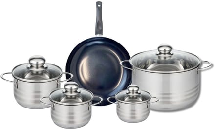 Set van 1 Koekenpan 24 cm en 4 kookpotten 12, 14, 16 en 24 cm Elo Prima Glanzend