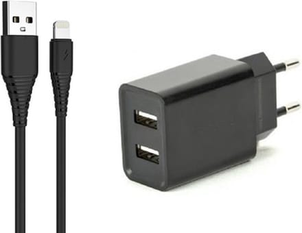 OneOne 2.1A lader met 2 poorten + 1,0m OneOne Lightning kabel. Universele oplader adapter past op Apple iPhone XR, iPhone XS, iPhone XS Max, iPhone 10, iPhone 11, iPhone 11 Pro, iPhone 11Pro Max, iPhone 12, iPhone 12 Mini, iPhone 12 Pro