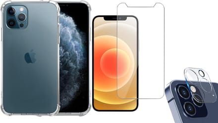 Hoesje geschikt voor iPhone 12 Pro Transparant Shock Case - 1x Screenprotector Glas + 1x Camera Screen Protector
