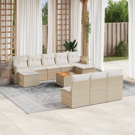 vidaXL - 11-delige - Tuinset - met - kussens - poly - rattan - beige