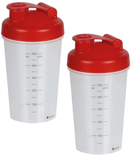 Juypal Shakebeker/shaker/bidon - 2x - 600 ml - rood - kunststof