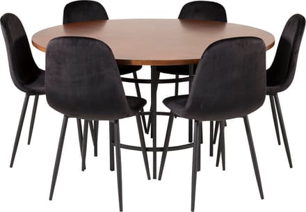 Copenhagen eethoek eetkamertafel bruin en 6 Polar eetkamerstal velours zwart.