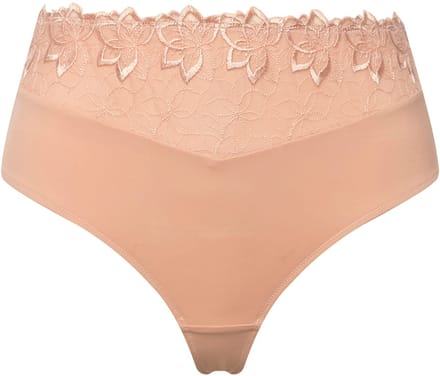Ulla Popken - Dames - Stringpanty geborduurd mesh - Champagne - Maat 54+