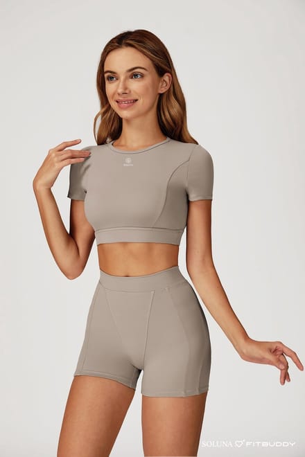 Fitbuddy Seamless Short Sleeve Top GZT48 – Camel Grey – Stretch, Ademend & Shaping – Dames – Maat L