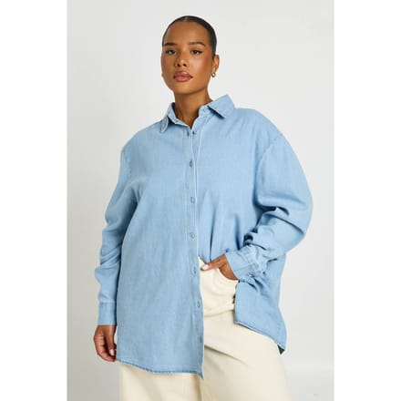 boohoo Dames Plus Chambray Oversized Shirt | Licht Gebleekt | Maat: 44
