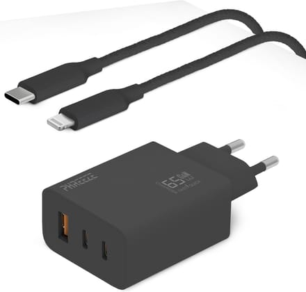 65w usb C stekker geschikt voor iPhone 14/13/12/11/X + Lightning naar usb-C kabel 1 meter - Zwart