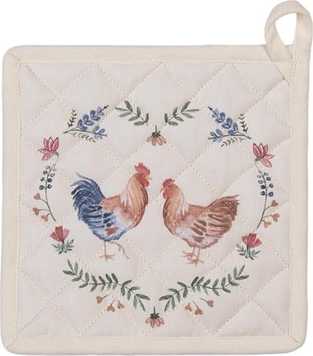 Clayre & Eef Pannenlap 20x20 cm Beige Blauw Katoen Kip en Haan