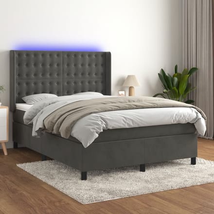 vidaXL - Boxspring - met - matras - en - LED - fluweel - donkergrijs - 140x200 - cm