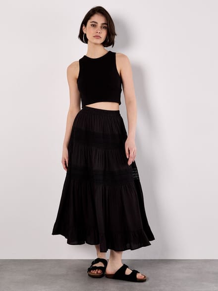 Crochet Panel Tiered Midi Skirt