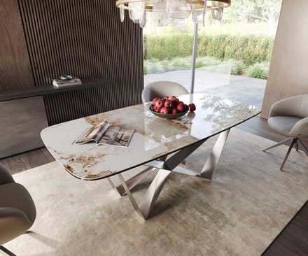 Eetkamertafel Edge wit-beige Boot keramiek Minas Melange 200x100 spider vlak staal RVS