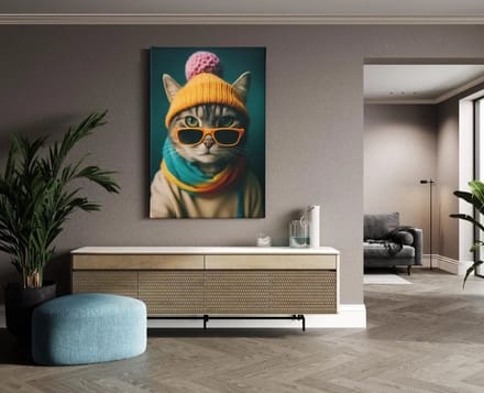 Canvas Schilderij - Dieren - Kat met Muts - 120x80x2 cm