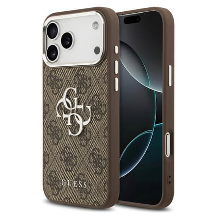 Guess 4G Metal Logo Backcover voor de Apple iPhone 17 Pro - Silver Edge - Brown